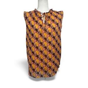 Maison dAmelie Paris Sz. Medium Sleeveless Ruffle Neck Tie Blouse Yellow Floral